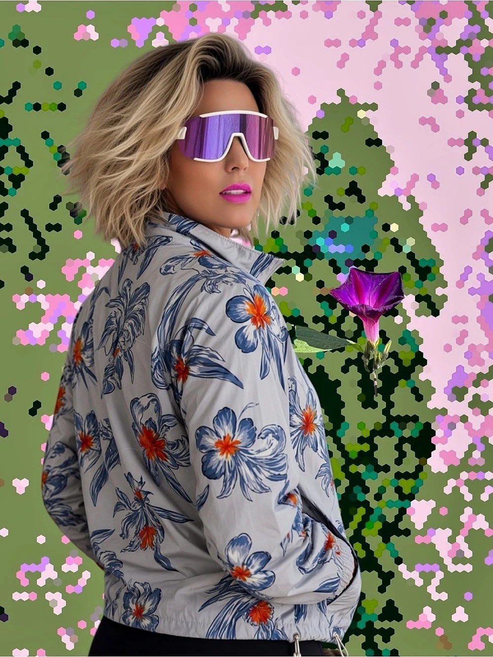 Floral Bomber Jacket in Blue & Gray Like New